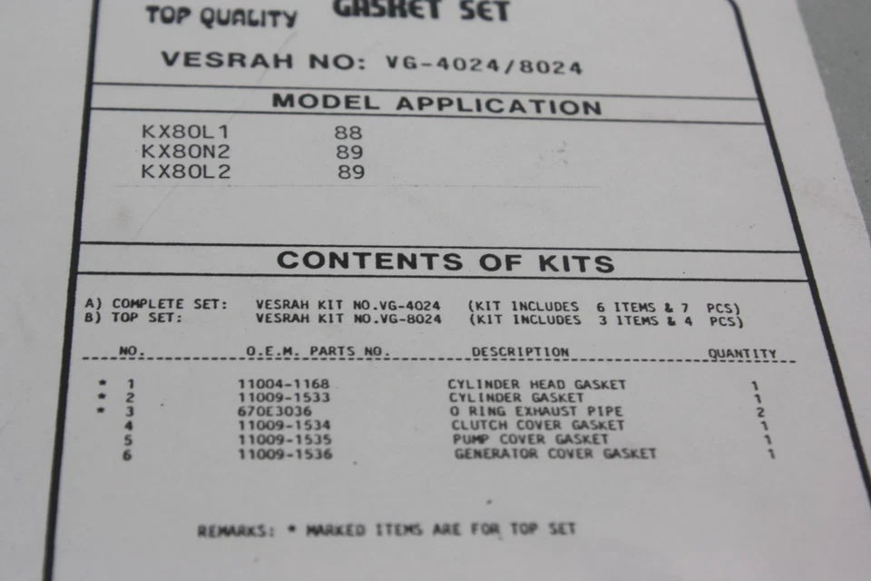 KIT COMPLETO DE JUNTAS DE MOTOR VESRAH PARA 1988 1989 KAWASAKI KX80 RUEDA GRANDE Foto 4 de 4