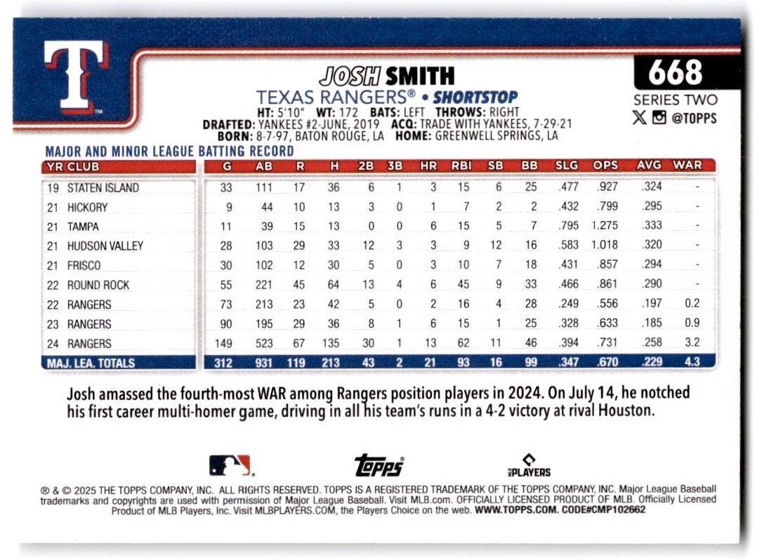 2025 Topps Heritage #265 Josh Smith Texas Rangers Baseball Card - Raw NM Or Better Condition