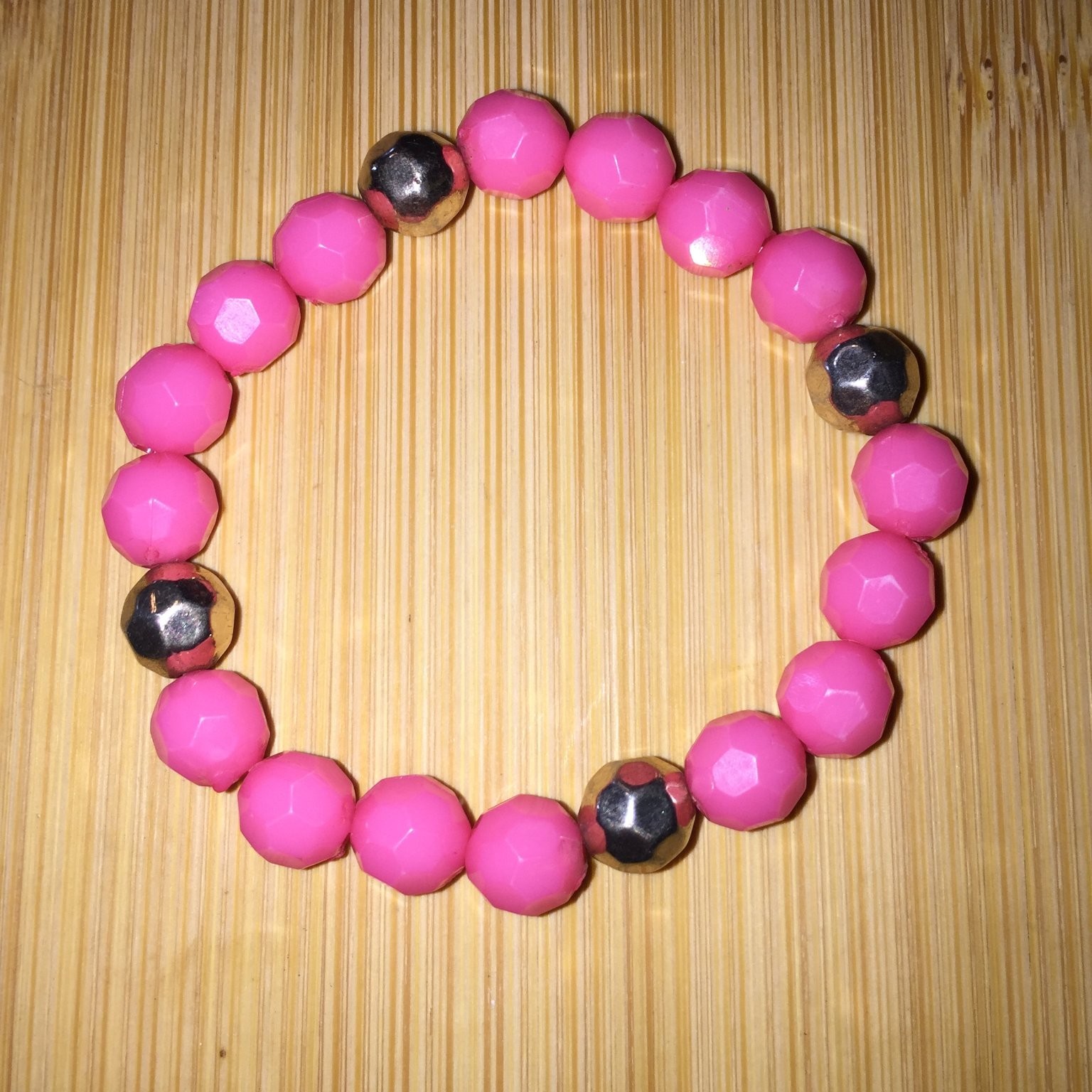 Barbiecore Pink Silver Tone Faceted Acrylic Beaded Stretch Bracelet Preppy