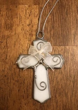 White Stained Glass Religious Cross Ornament With Bow