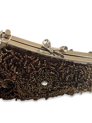 Vintage Style Brown Beaded Evening Bag w/ Chain Strap Kiss Clasp - Picture 4 of 11