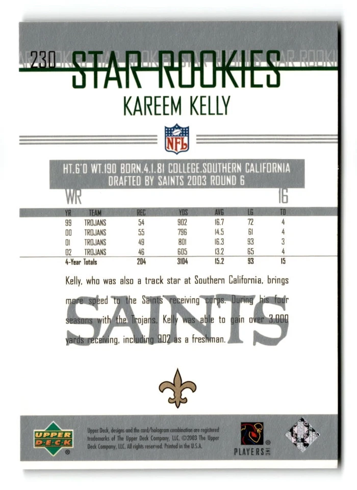 2003 Kareem Kelly Upper Deck Rookie - New Orleans Saints - Image 2 of 2