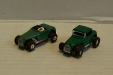 Aurora 2 pcs. HO Hot Rod slot cars, Olive roadster, green coupe