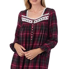 Eileen West Long Sleeve Berry Plaid Cotton Blend Flannel Ballet Nightgown Gown M