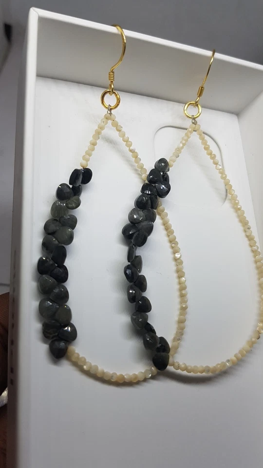 Occhio di gatto e perle pietra preziosa argento sterling 925 orecchino... - Immagine 3 di 4