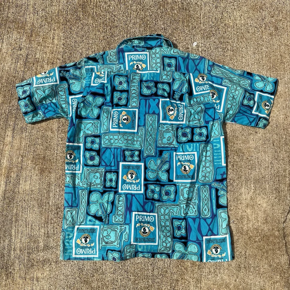 Camisa hawaiana vintage años 90 Go Barefoot Primo cerveza abotonada talla S Foto 2 de 3