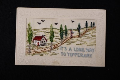 S89 Embroidered Silk Postcard Its a Long Way to Tipperary Cottage Early 1900s