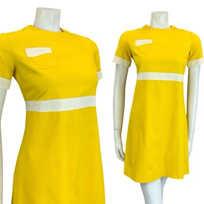 Vintage 60er Jahre Roller Mod gelb weiß Blockfarbe Empire Etuikleid Minikleid 10