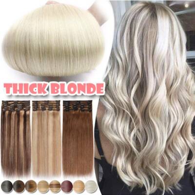 Clip in Human Hair Extension Full Head 100% Real Double Weft Thick Wavy Platinum
