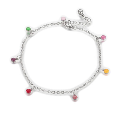 Stainless Steel Charm Anklet Bracelet Enamel Charms Round Platinum 10.6'' Z18