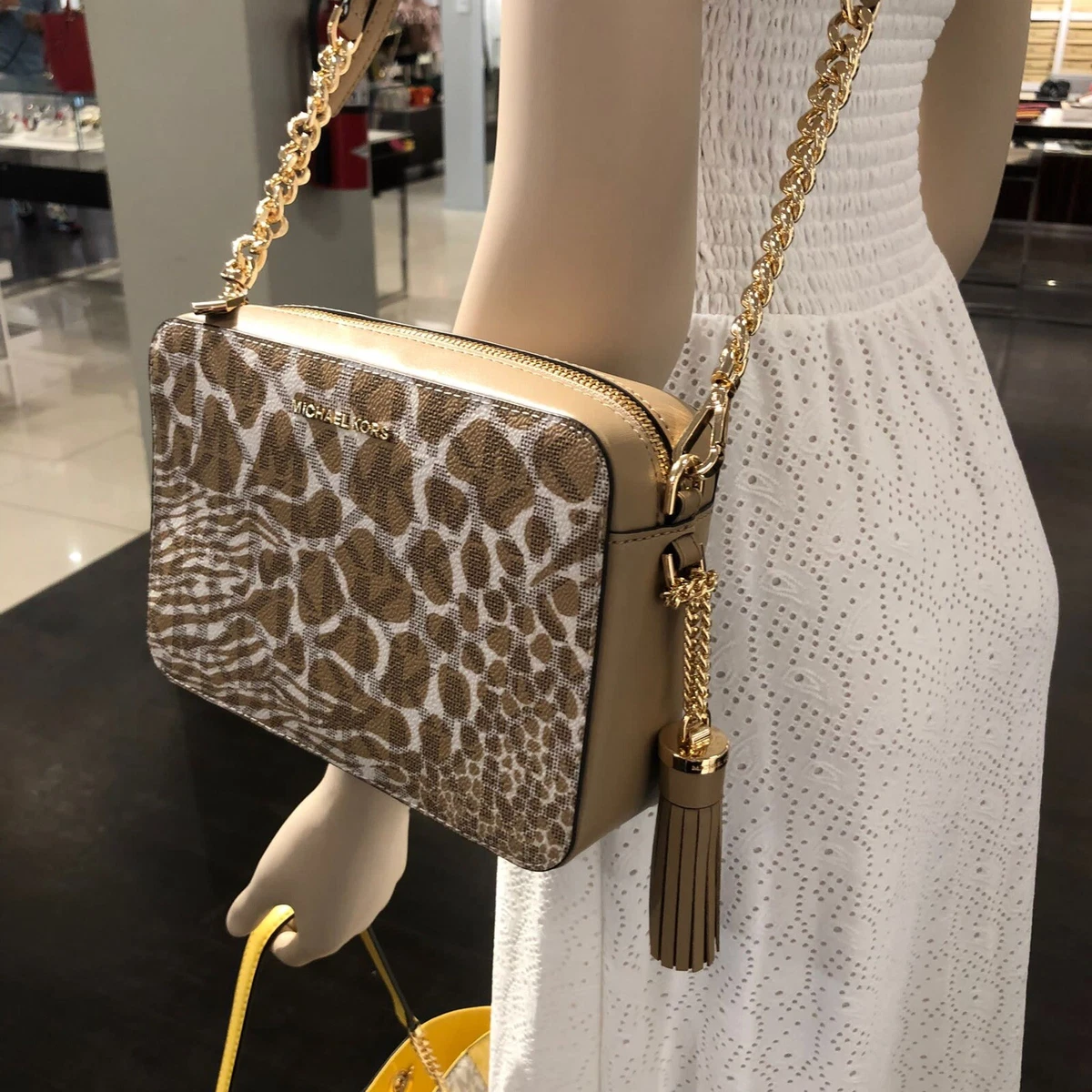 Michael Kors Logo Semi Lux Animal Print MD Camera Crossbody Camel multi