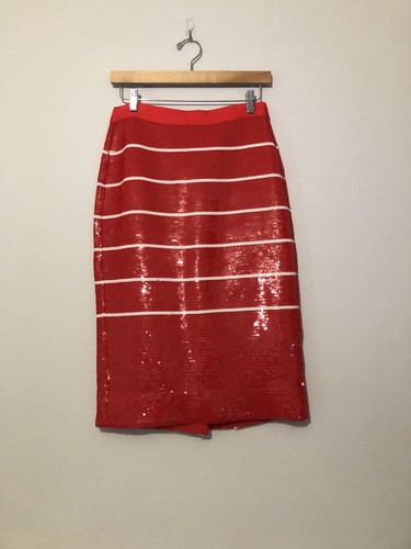 J. Crew Collection Red With White Stripes Sequin Womens Size 4 Midi Pencil Skirt - Picture 2 of 10