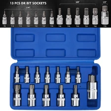 13Pcs Star Torx Bit Socket Set,1/4-inch(T8-T30),3/8-inch(T40-T60),1/2-inch(T70)