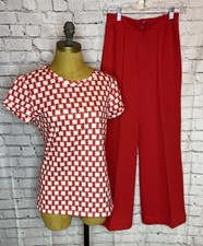 Vtg 1970  s 2 Piece Red Polyester Bell Bottom Pant Set Print Top Size 12 MOD