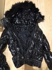 Black Glamorous Puffer Slim Jacket Zip Up With Faux Fur Trim Hood