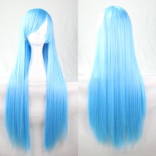 31.5inch Women Long Straight Wig Full Hair 100 Density for Anime Cos-play Blue