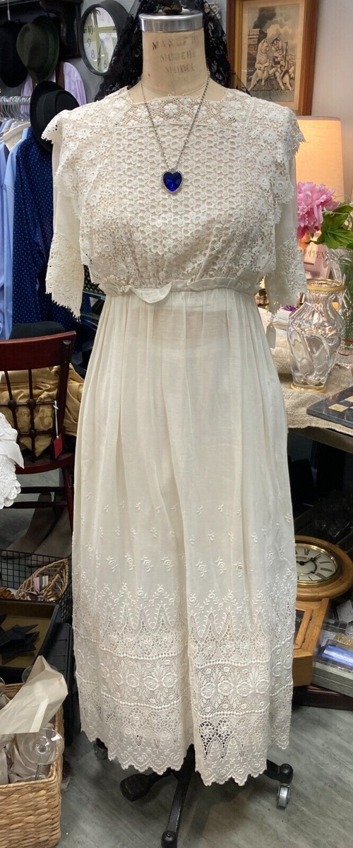 Edwardian 1910's Vintage Cream/Ivory Cotton Lace Titanic Wedding Dress  Antique