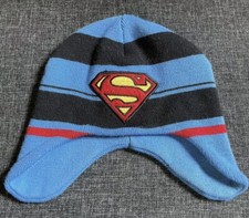 Superman Logo Boys Blue Striped Beanie Skullcap Winter Hat Size Large DC Comics