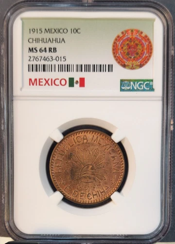 1915 MEXICO 10 CENTAVOS 10C CHIHUAHUA NGC MS 64 RB BRIGHT BEAUTIFUL COIN