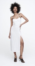 ZARA NEW WHITE SATIN STRAPPY MIDI DRESS MEDIUM Suit UK 10