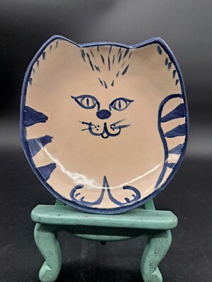 Vintage Ceramic Cat Trivet Plate - Blue & White Studio Art Piece