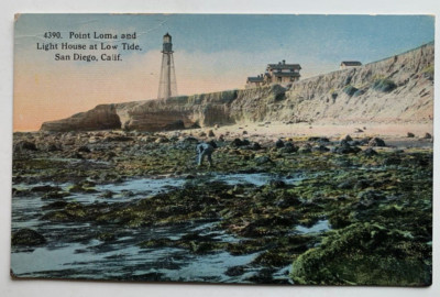 1915 CA Postcard San Diego Point Loma and Lighthouse at Low Tide light beach