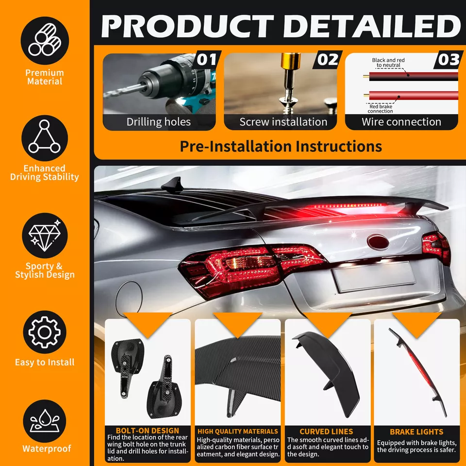 Alerón trasero de fibra de carbono para Nissan 300ZX 1990-1996 52" + luz de freno Foto 4 de 4