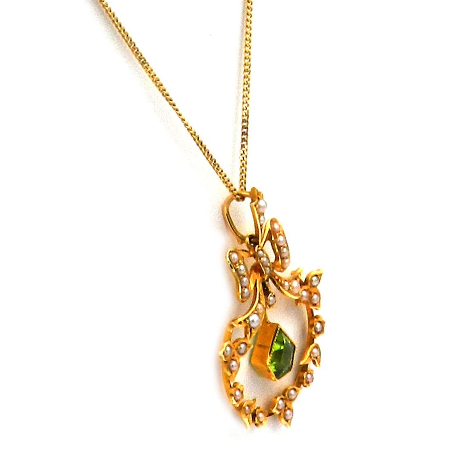 Jugendstil Peridot Anhänger mit Orientperlen 15K Gold England um 1910 - Bild 2 von 4