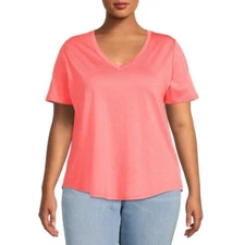 Women's Terra & Sky Peach V-Neck Curved Hem Short Sleeve Top 3X (24W-26W) New