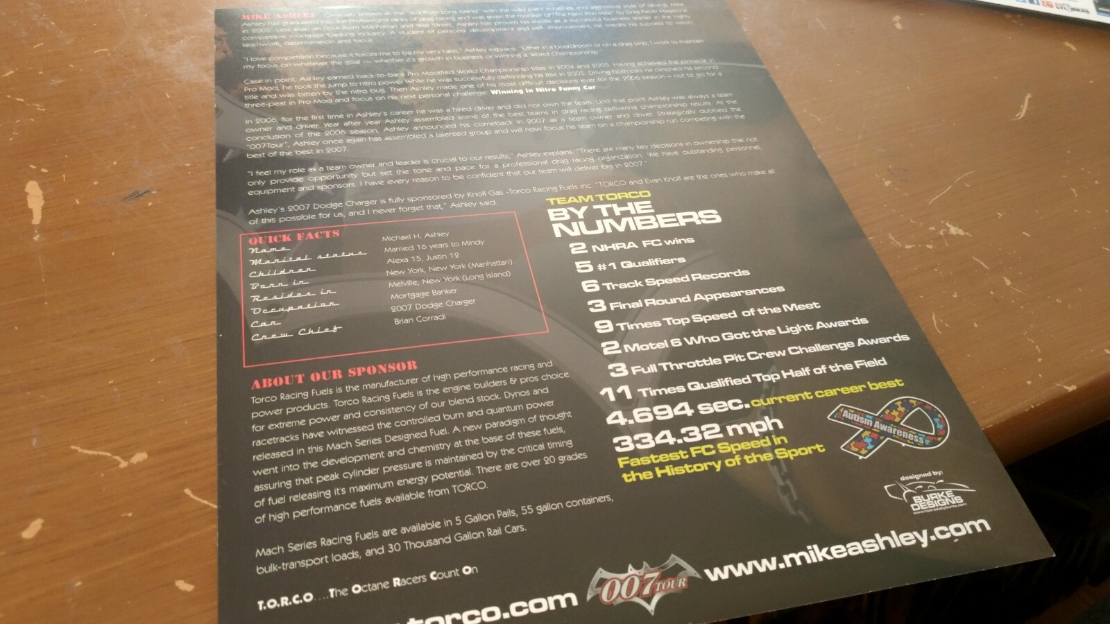 NHRA DRAG RACING MIKE ASHLEY TORCO RACING MOPAR HANDOUT Falak Tayyeb