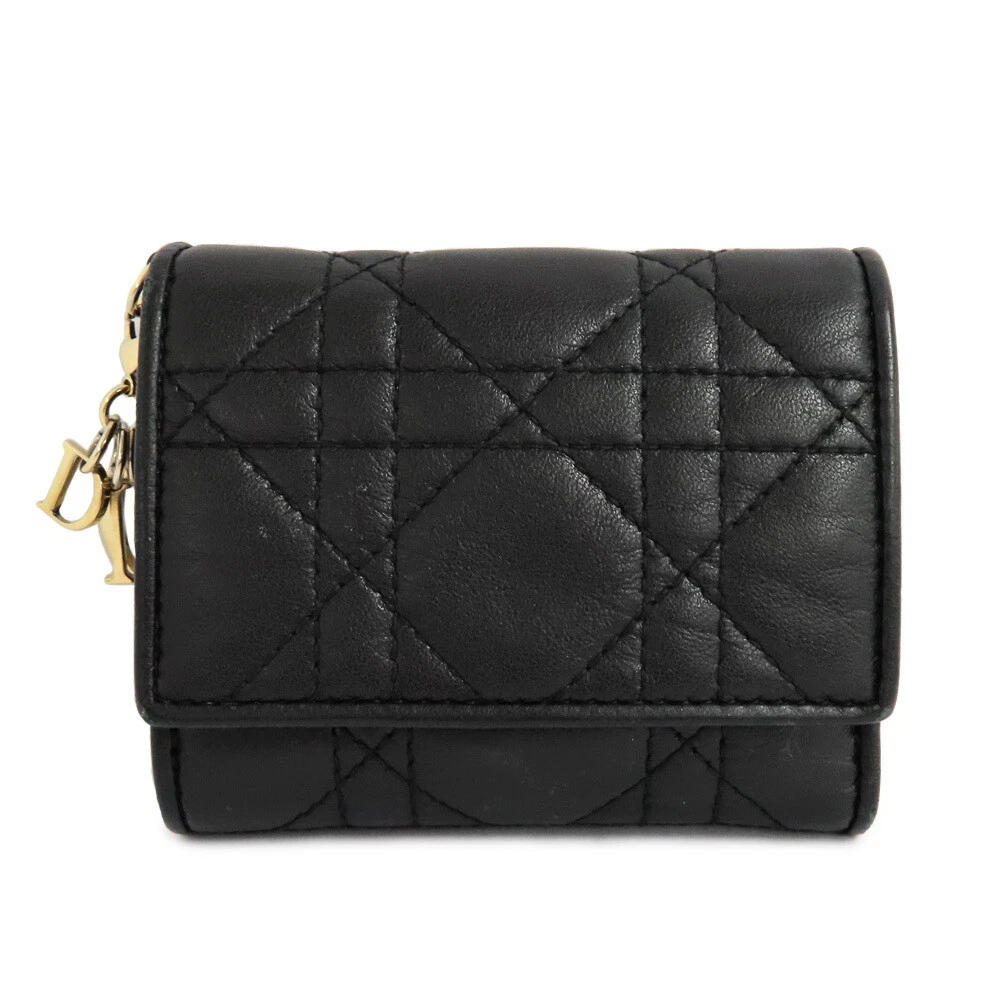 Portefeuille Lady Dior Lotus S0181ONMJ peau d'agneau cannage noir GD triple pli pour femmes