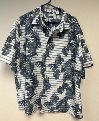 Mens M Tropical Shirt by Cafe Luna Cotton Botanical White/Blue Palm 2XL XXL