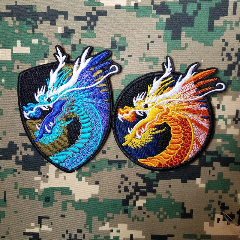 2Pcs Chinese Dragon US Tactical Game Embroidered Hook&Loop Patch Blue Badge