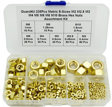 235Pcs Metric 8-Sizes Brass Hex Nuts Assortment Kit- M2 M2.5 M3 M4 M5 M
