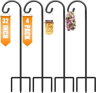 32 Inch Shepherd Hooks 4 Pack 3-Prong Adjustable Metal Garden Hanger Matte Black