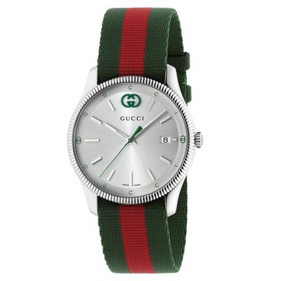 Gucci G-Timeless SWISS Quartz  Silver Dial Red Green Nylon Strap Watch YA1264236