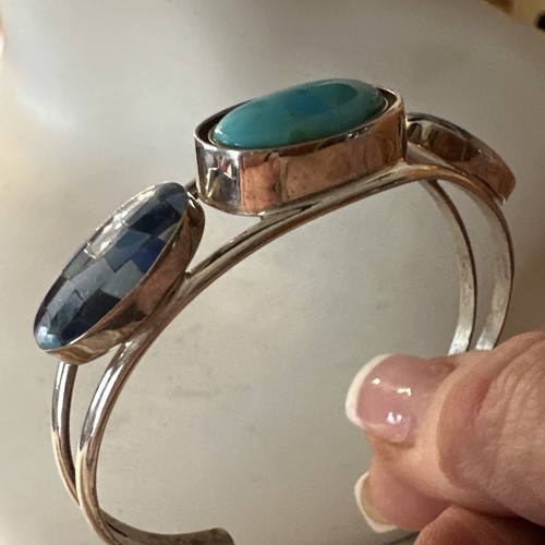 Jay King 925 Sterling Silver Reversible Micro Opal & Turquoise Cuff Bracelet VTG - Picture 9 of 11