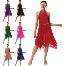 Women's Modern Lyrical Dance Dress Glitter Rhinestone Patchwork Mesh Rock Dance