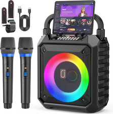 Karaoke Machine with 2 Wireless Mics, Bluetooth Speaker  LED Lights for Parties