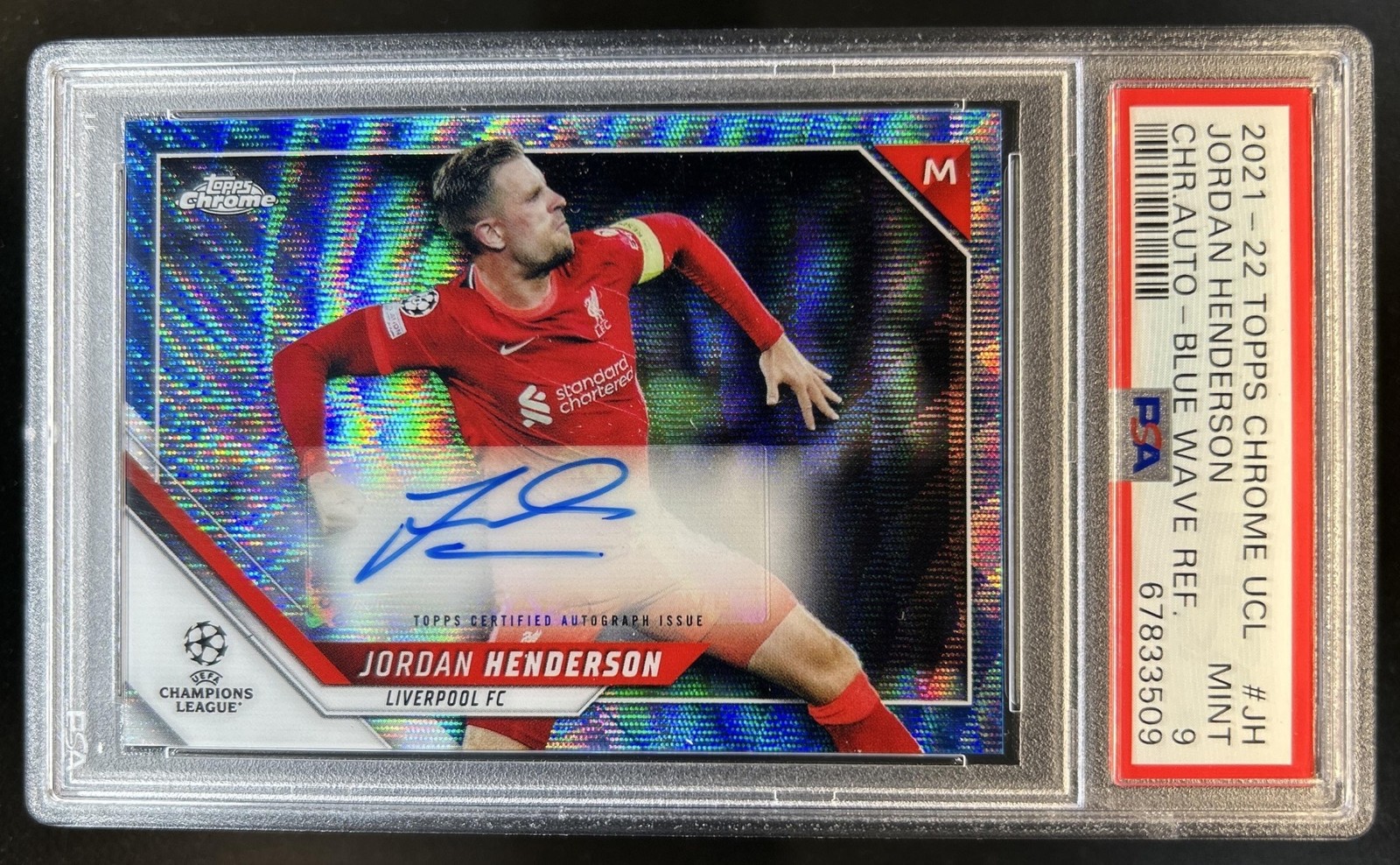2021-22 Topps Chrome UEFA Jordan Henderson Auto Blue Wave Refractor #/75 PSA 9