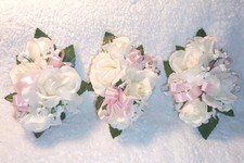 3 NEW 5" Long Artificial White Rose Pin On Corsages With Pink Satin Ribbon