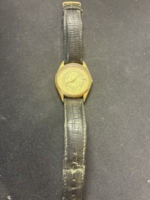 Vintage Gold Dial Analog Quartz Dress Watch Date, Black Leather Strap, Round