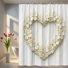 Floral Heart Shower Curtain, White Flower Design for Bathroom Decor