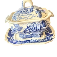 Vintage Blue White Porcelain Tureen with Lid and Underplate Castle Scene