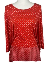 Croft & Barrow Woman Classic Top Size L Red Geometric 3/4 Sleeve Stretch Cotton