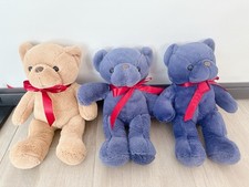 Set of 3 Plush Bears Beige Blue Dark Blue with Red Bows Plush Lot