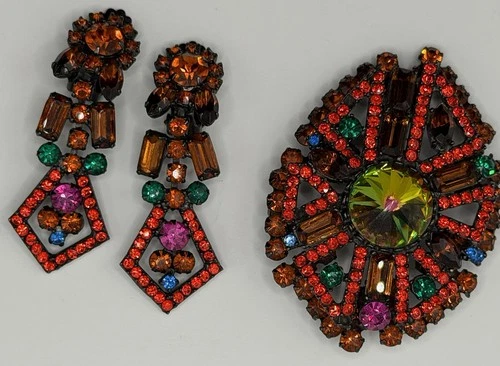 RARE Juliana D&E Vintage Multicolor Crystal Brooch & Earrings Jewelry  Costume