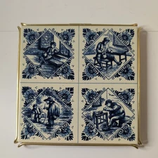 Vintage Ceramic Tile, relaxing, drinking, games Delft Dutch 6" W/Holder