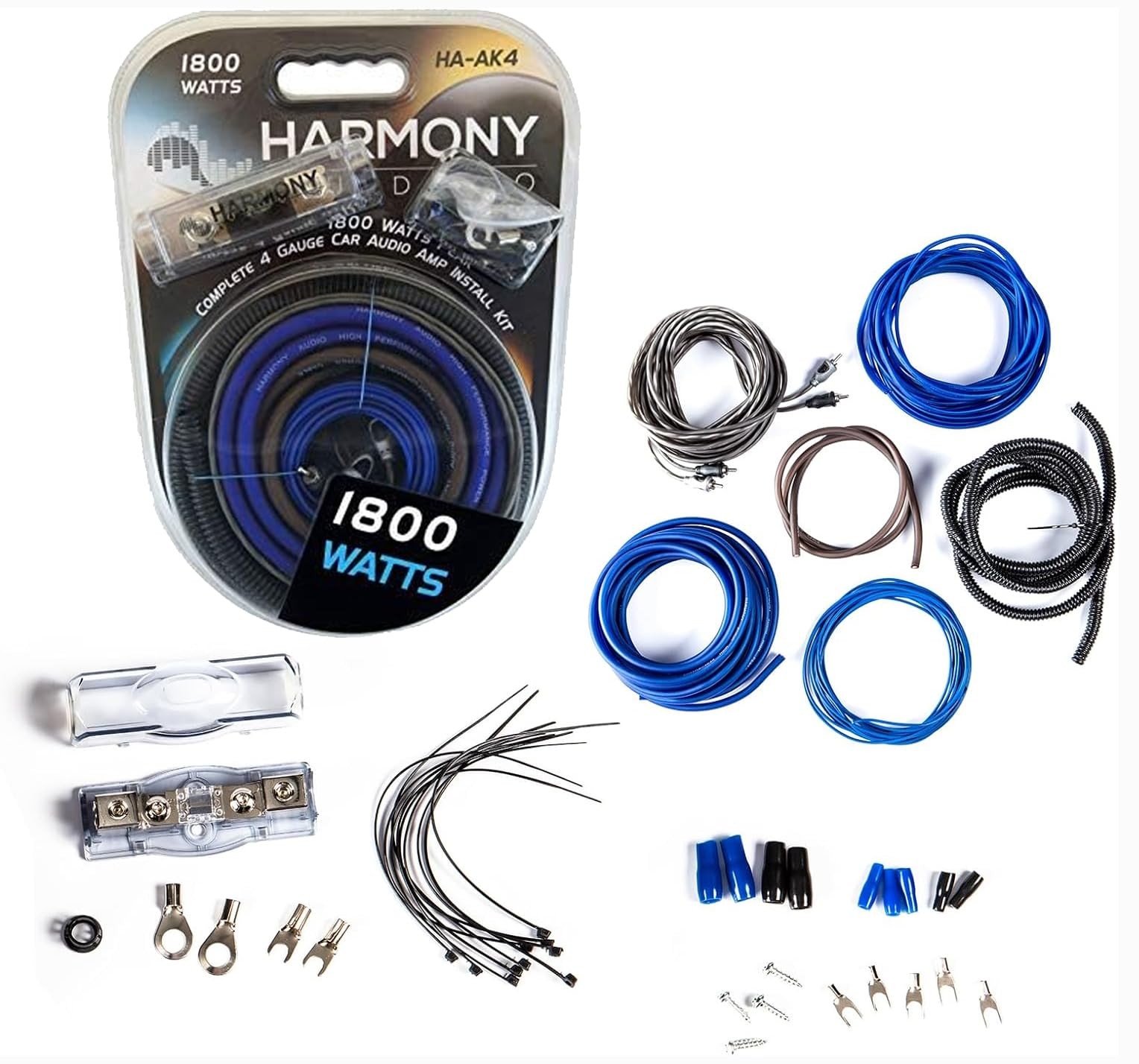 HA-AK4 Car Stereo Complete 4 Gauge 1800W Amp Amplifier Install Kit - Nickel P...