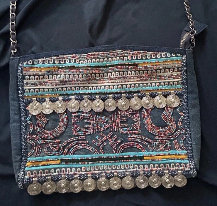 Zara 单肩包串珠牛仔蓝色嬉皮波西米亚吉普赛装饰 — 第 3/4 张图片